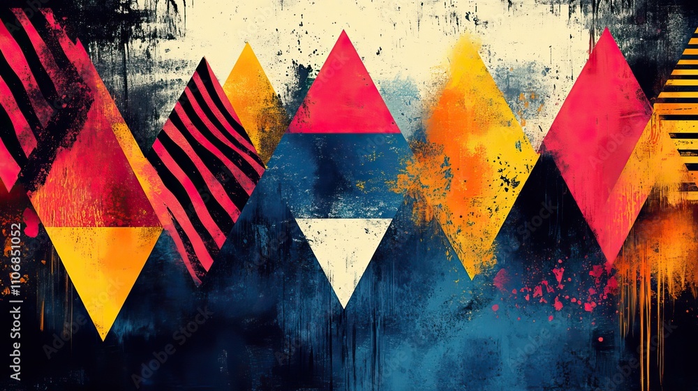 Aufkleber a pattern of colorful triangles with brush strokes and zebra stripes pops against a white background