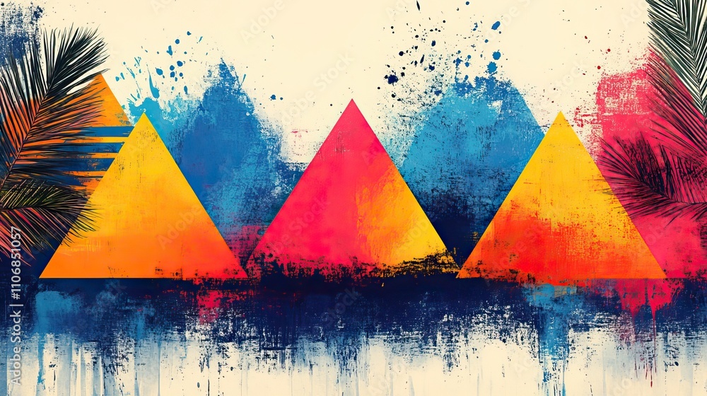 Aufkleber a pattern of colorful triangles with brush strokes and zebra stripes pops against a white background