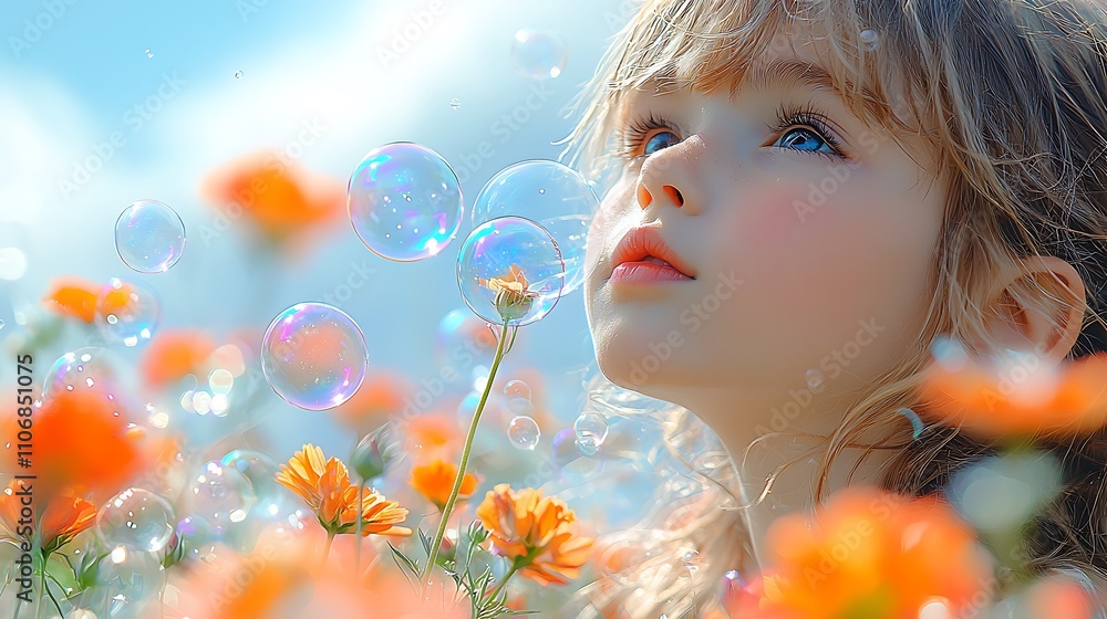 Aufkleber A photorealistic image of a young girl blowing bubbles in a park, with colorful flowers and a big blue sky in the background. Shot from a close-up angle to capture the sense of playfulness and 