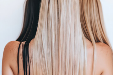 Naklejka premium Three women with long hair, one with black hair, one with blonde hair
