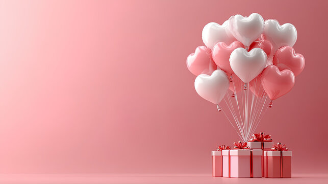 Heart shaped balloons flying with gift boxes Valentine's Day Love concept