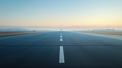 A clean, deserted runway with no planes in sight, reflecting the stillness of an early morning.