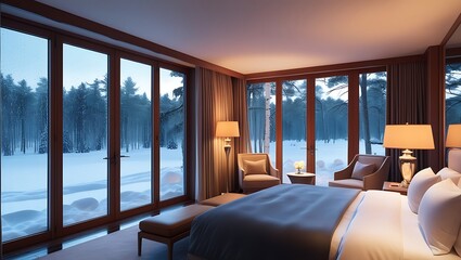 Fototapeta premium Immerse yourself in the serene elegance of a tranquil luxury bedroom, thoughtfully designed to blend modern sophistication with the calming beauty of nature. This ultra-high-definition 8K image.