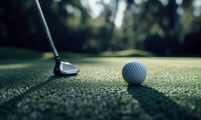 A close-up of a golf ball and putter on a green surface.