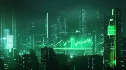 Obraz premium modern financial stock market background in the style of green trading chart and cityscape