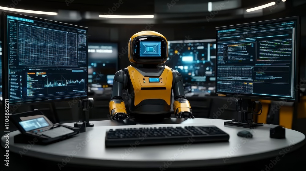 Poster a yellow and black robot sits at a desk with monitors and a keyboard