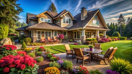 Craftsman Style Home on a Golf Course in the Pacific Northwest with a Charming Patio Under a Bright Sky, Showcasing Nature's Beauty and Architectural Elegance