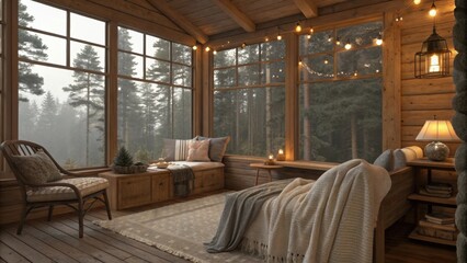 Cozy virtual cabins adorned with soft lighting and comfortable seating perfect for contemplative moments.