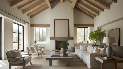 Fototapeta premium Modern farmhouse living room,Simple furniture in light oak, a large rectangular fireplace, and a large piece of art above the sofa. Modern lighting fixtures, clean lines, natural materials,