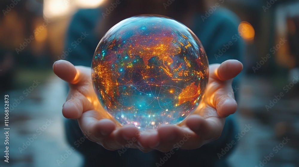Poster a person holds an abstract sphere made from colorful dots and lines symbolizing the concept of globa