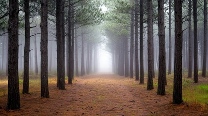 Fototapeta premium A moody forest landscape with fog rolling between tall pine trees