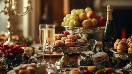 Fototapeta premium A New Year brunch with a table full of pastries, fruit, and champagne