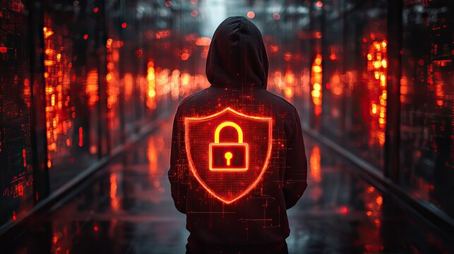 A person in a black hoodie with a red shield and padlock symbolizes online security