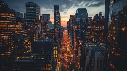 Obraz premium A night view of a city skyline with high-rise buildings, street lights, and bustling nightlife