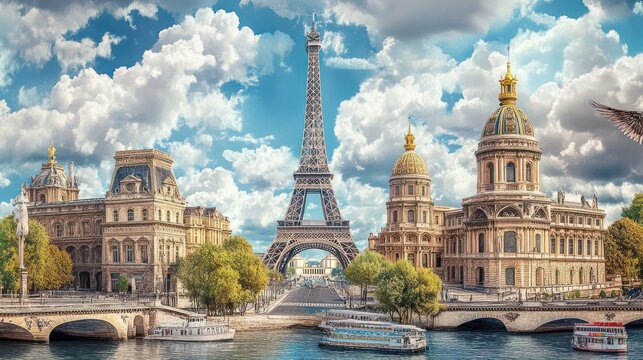 Paris famous landmarks collage