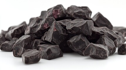 Dark chocolate chunks piled high on white background.