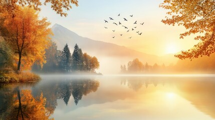 Fototapeta premium A peaceful autumn sunrise over a misty lake, with trees reflected in the calm water
