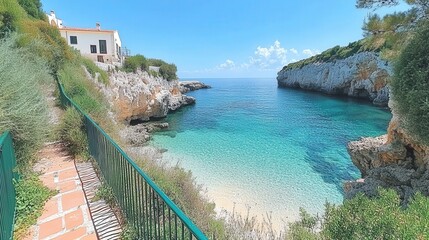 Serene coastal view with clear waters and rocky cliffs under a bright blue sky.