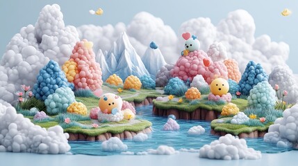 Whimsical Miniature Landscape with Cloud Formations and Tiny Characters