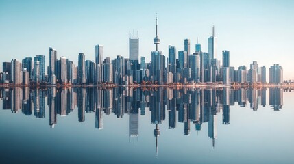 Naklejka premium A perfectly symmetrical reflection photo of a city skyline on water
