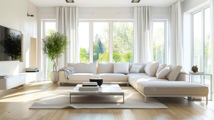 Fototapeta premium Bright living room with large windows, white curtains, beige furniture, modern decor