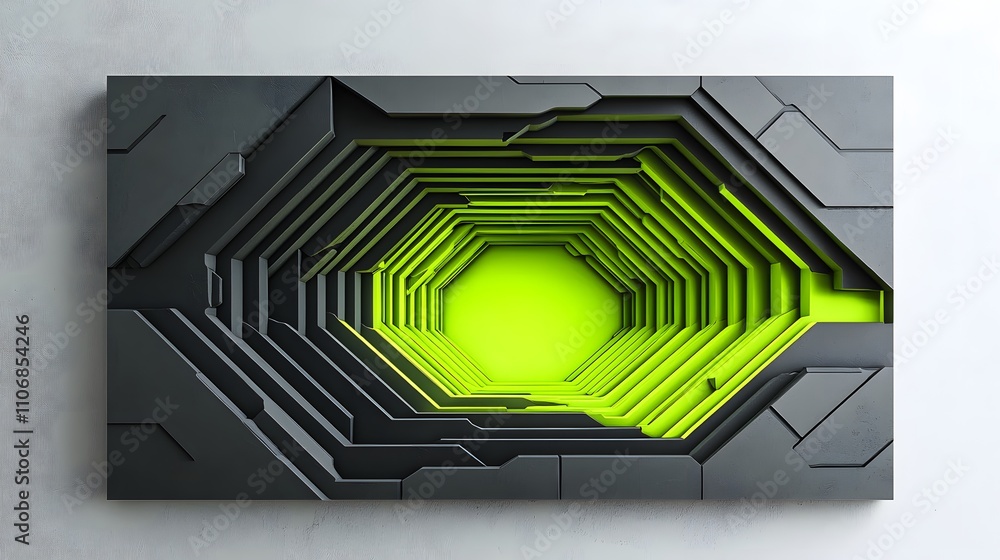 Poster a 3d abstract canvas art featuring layered hexagonal shapes in bright neon green and dark gray, with