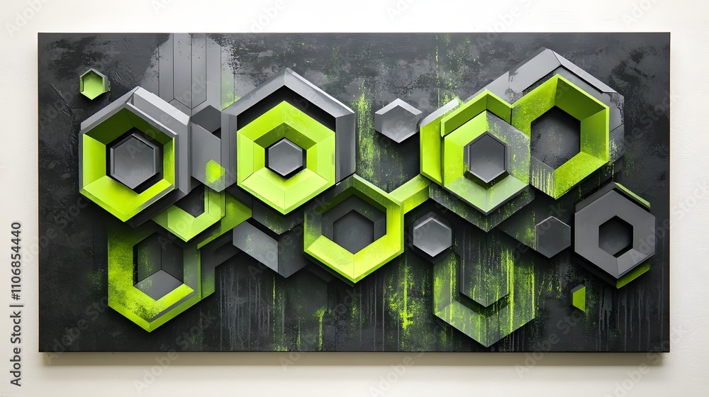Poster a 3d abstract canvas art featuring layered hexagonal shapes in bright neon green and dark gray, with