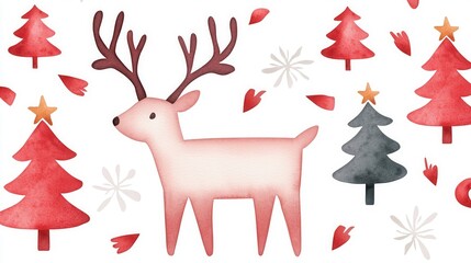 Watercolor Xmas Postcard, A whimsical, festive illustration of a reindeer among Christmas trees and decorations, capturing the joy of the holiday season.