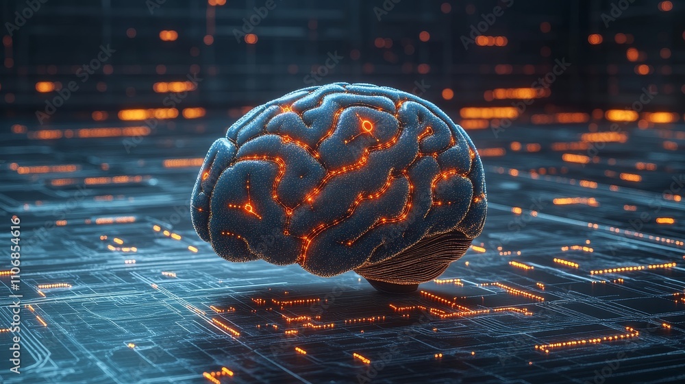 Poster a futuristic brain illuminated with circuits and lights