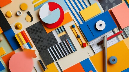 Obraz premium A playful flat lay of stationery items arranged in a geometric pattern