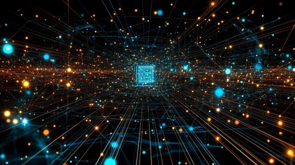 Naklejka premium Abstract digital space with glowing lights and lines