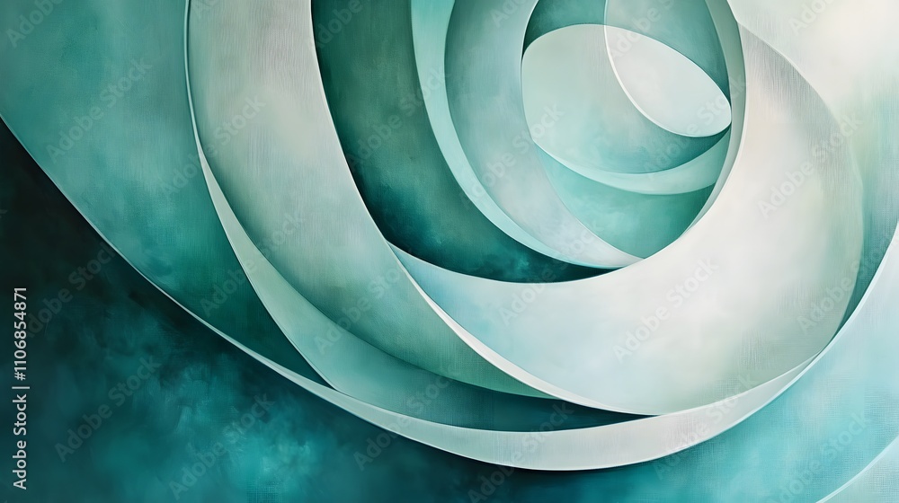 Poster a 3d abstract canvas art featuring smooth, circular forms and organic lines in soft greens and blues