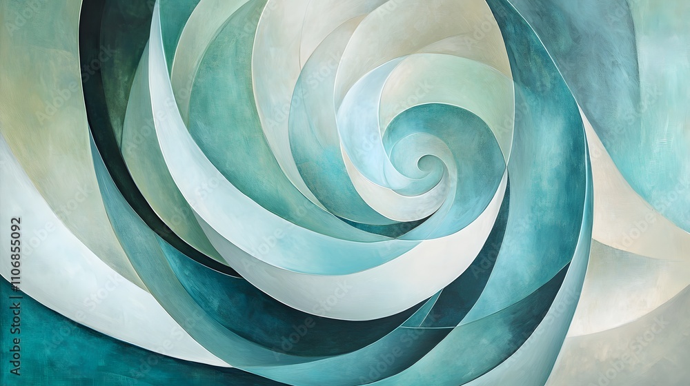 Poster a 3d abstract canvas art featuring smooth, circular forms and organic lines in soft greens and blues