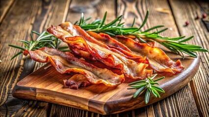 Crispy Bacon Garnished with Fresh Rosemary on a Rustic Wooden Table, Capturing the Essence of Culinary Artistry in a Deliciously Inviting Presentation