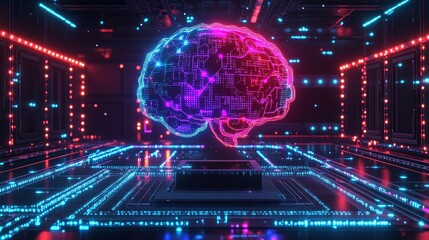 Obraz premium A Neon Brain Within a Digital Networked System