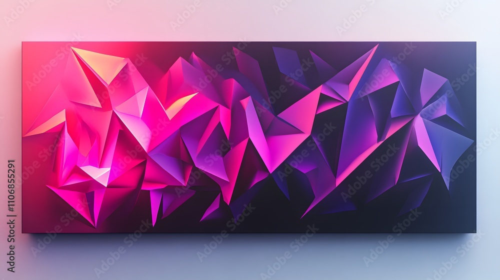 Poster a 3d canvas art with layered triangular and polygonal shapes in shades of neon pink and purple, set 
