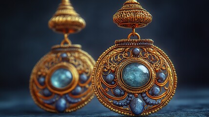 Obraz premium Gold earrings with light-blue gemstones and intricate designs.