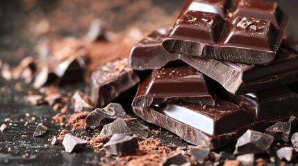 Dark chocolate pieces stacked and scattered on a dark surface with cocoa powder.
