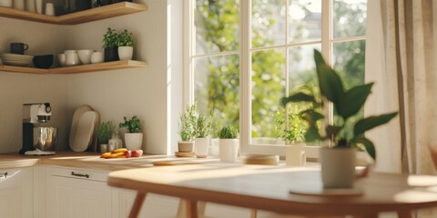 Fototapeta premium Cozy kitchen with natural lighting, houseplants, and wooden shelves