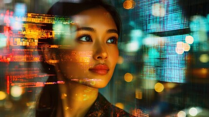 A dynamic portrait of an Asian woman in a modern outfit, with city life in the background reflecting a contemporary lifestyle