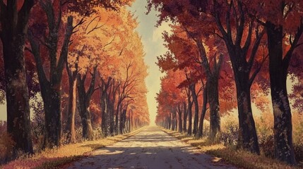 A quiet autumn road lined with trees in shades of red and gold, stretching into the distance
