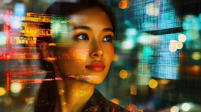 A dynamic portrait of an Asian woman in a modern outfit, with city life in the background reflecting a contemporary lifestyle