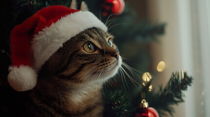 Fototapeta premium Adorable cat wearing a Santa hat kitten with Christmas New Year celebration