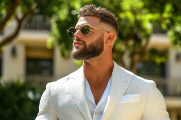 High Dynamic Range portrait of a confident entrepreneur, stunning details in his attire, with bright, vivid background elements