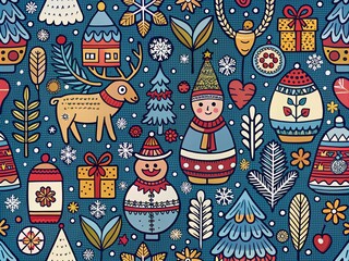 Cute Hand-Drawn Winter Holidays Symbols in Scandinavian Folk Art Style for Wrapping Paper, Cards, and Textiles Featuring Doodle Elements and Seasonal Motifs