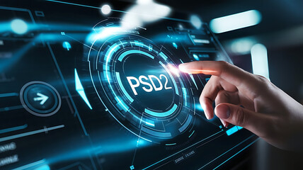 Businessman Interacting with Virtual PSD2 Interface, Representing Open Banking and Secure Payment Services, Directive Two, fintech, digital finance, secure transactions

