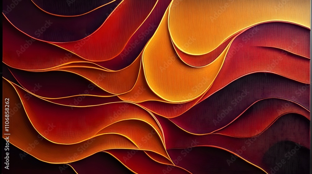 Aufkleber a 3d canvas with abstract organic shapes and flowing lines in shades of deep red, orange, and gold, 