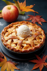 Delicious apple pie with golden crust and ice cream, perfect for fall!