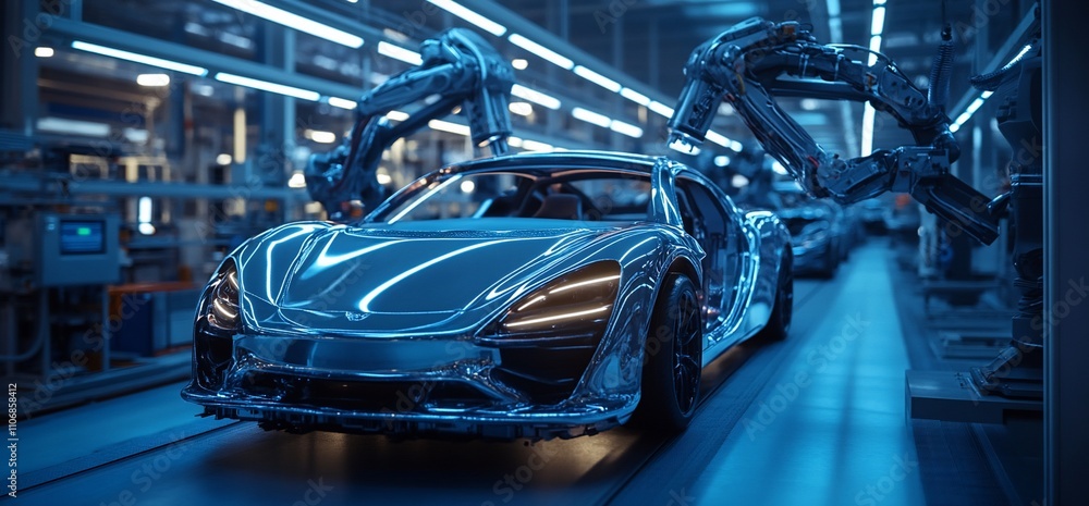 Aufkleber a futuristic car assembly line with robotic arms at work.
