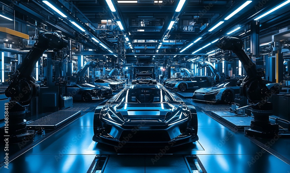 Aufkleber a futuristic automotive factory with advanced robotic assembly lines.